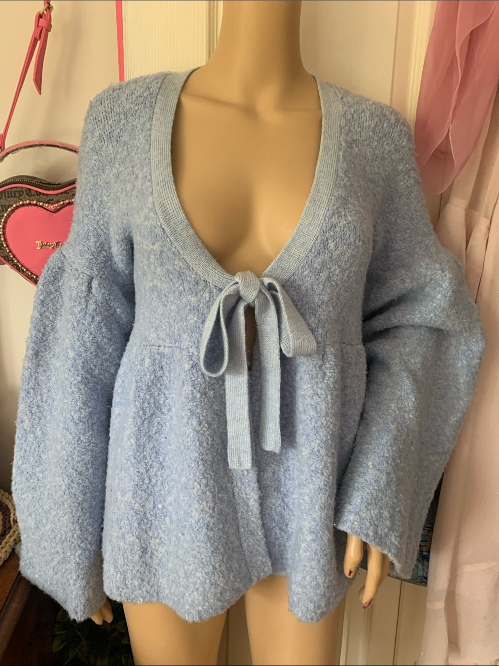 90s powder blue Boucle wool bell sleeve wrap babydoll cardigan sweater m
